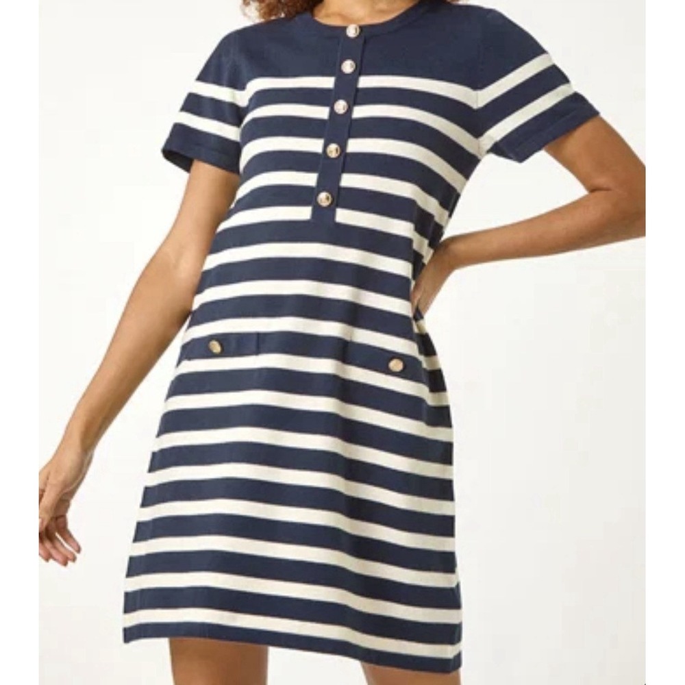 Sunday Up Knit Nautical Coastal Mini Dress Striped Size S Preppy Short Sleeve